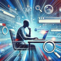 Człowiek siedzi przy laptopie, otoczony ikonami wyszukiwania informacji w internecie.