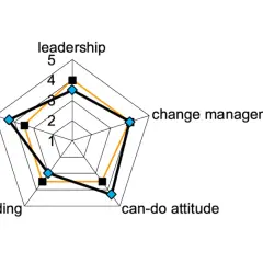 Wykres radarowy porównujący profil kompetencyjny Johna Smitha z profilem idealnym w obszarach: leadership, change management, can-do attitude, relationship building, goal orientation.