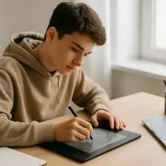 Młody mężczyzna w bluzie pracuje przy tablecie graficznym, realizując swoje projekty w internecie. Obok laptop i przybory do pisania.