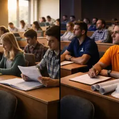 Studenci na wykładzie, jedni z notatkami, inni z planami budowlanymi. Czy warto iść na studia? Decyzja należy do Ciebie.