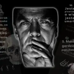 Mroczny portret mężczyzny, obok cytat o przyszłości: "Jesteś pisarzem, a więc jesteś umarły.