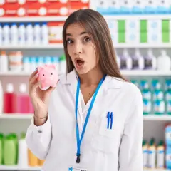 Farmaceutka z zaskoczoną miną trzyma skarbonkę. Czyżby zarobki osoby wykwalifikowanej nie były takie, jak się spodziewała?