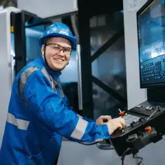 Uśmiechnięty pracownik w niebieskim kombinezonie i kasku obsługuje maszynę CNC. Zastanawia się, ilu pracowników może mieć brygadzista.