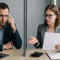 Para dyskutuje o wyzwaniach pracy zdalnej. Czy warto? Mężczyzna zamyślony, kobieta z dokumentami i kalkulatorem.