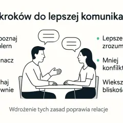 5 kroków do lepszej komunikacji: rozpoznaj problem, wyznacz cele, słuchaj aktywnie, lepsze zrozumienie, mniej konfliktów, większa bliskość. To jak pecha kucha dla relacji.