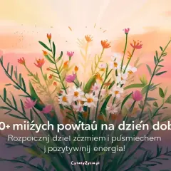 Kwiaty na tle zachodzącego słońca. Inspirujące cytaty dodają pozytywnej energii na dobry początek dnia.