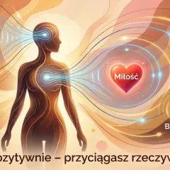 Sylwetka człowieka otoczona energią, z żarówką "Idea", sercem "Miłość" i monetą "Bogactwo". Klucz do szczęścia: pozytywne myśli przyciągają rzeczywistość.