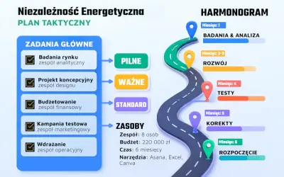 Plan taktyczny "Niezależność Energetyczna" z zadaniami, zasobami i harmonogramem. Wskazuje intencję projektową i etapy realizacji.