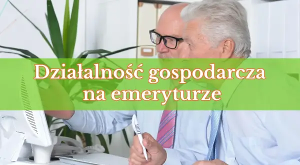 Dwóch starszych panów przy biurku, jeden w okularach, analizuje coś na komputerze. Działalność gospodarcza na emeryturze kwitnie.