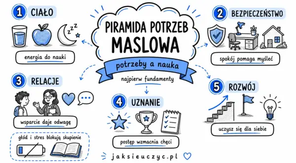 Piramida potrzeb Maslowa: ciało, bezpieczeństwo, relacje, uznanie i rozwój to fundamenty nauki.