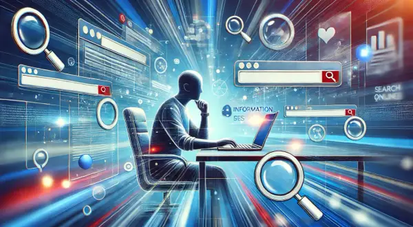 Człowiek siedzi przy laptopie, otoczony ikonami wyszukiwania informacji w internecie.