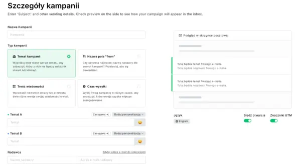 Ustawienia kampanii e-mail: nazwa, temat, treść, nadawca. Dowiedz się, jak się pisze mail, testując różne wersje tematu i treści.