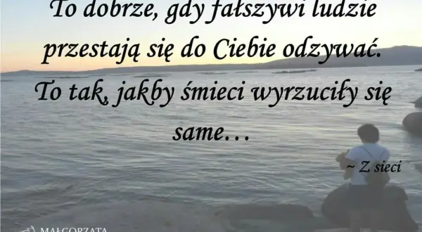 Cytaty o ludziach fałszywych: dobrze, gdy przestają się odzywać, jakby śmieci same się wyrzuciły. Widok na morze i sylwetka osoby.
