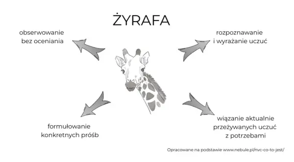 Ilustracja przedstawia głowę żyrafy otoczoną czterema strzałkami, symbolizującymi obserwację, rozpoznawanie uczuć, formułowanie próśb i wiązanie uczuć z potrzebami. Szakal nie jest widoczny.