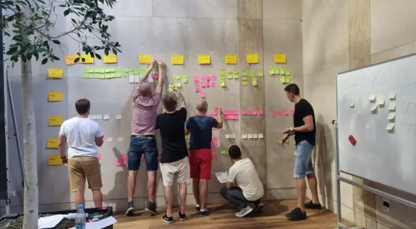 Zespół pracuje nad rozwojem organizacji, przyklejając karteczki z zadaniami na ścianie.