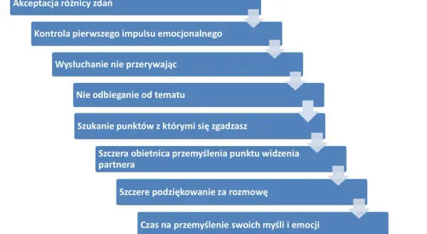 Schemat efektywnej komunikacji biznesowej: akceptacja różnic, kontrola emocji, aktywne słuchanie, skupienie na temacie, szukanie porozumienia, refleksja.