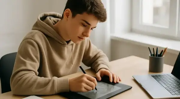 Młody mężczyzna w bluzie pracuje przy tablecie graficznym, realizując swoje projekty w internecie. Obok laptop i przybory do pisania.