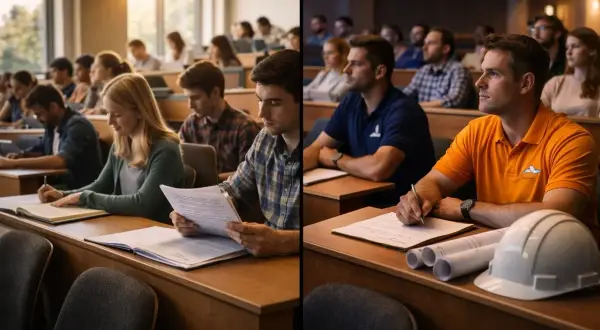 Studenci na wykładzie, jedni z notatkami, inni z planami budowlanymi. Czy warto iść na studia? Decyzja należy do Ciebie.