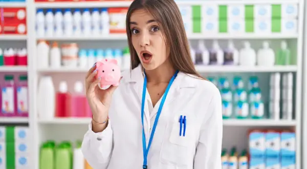 Farmaceutka z zaskoczoną miną trzyma skarbonkę. Czyżby zarobki osoby wykwalifikowanej nie były takie, jak się spodziewała?