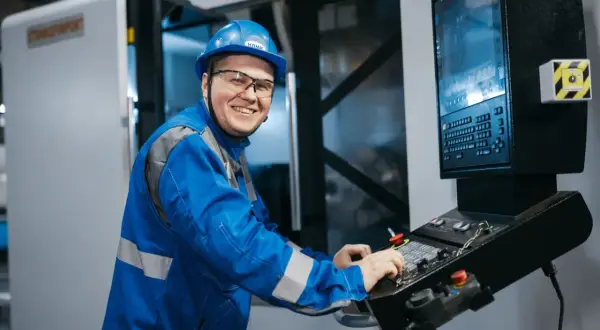 Uśmiechnięty pracownik w niebieskim kombinezonie i kasku obsługuje maszynę CNC. Zastanawia się, ilu pracowników może mieć brygadzista.