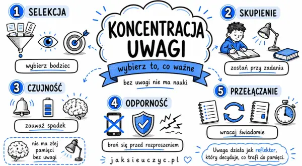 Jak skupić się na nauce: selekcja, skupienie, czujność, odporność i przełączanie uwagi. Klucz do zapamiętywania.
