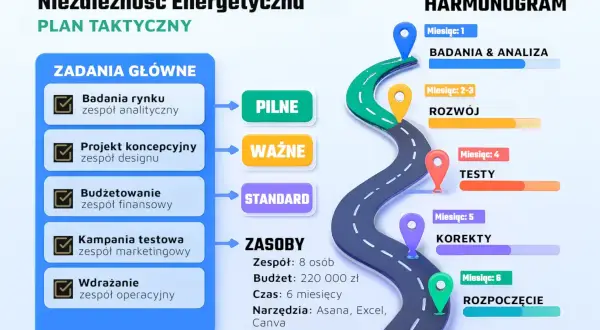 Plan taktyczny "Niezależność Energetyczna" z zadaniami, zasobami i harmonogramem. Wskazuje intencję projektową i etapy realizacji.