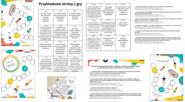 Plansza z pytaniami do gry "Przykładowe strony z gry", która pomaga w treningu asertywności ćwiczenia.