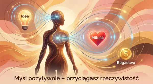 Sylwetka człowieka otoczona energią, z żarówką "Idea", sercem "Miłość" i monetą "Bogactwo". Klucz do szczęścia: pozytywne myśli przyciągają rzeczywistość.
