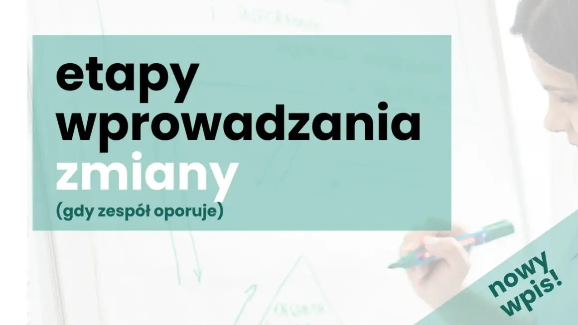 Etapy wprowadzania zmian organizacyjnych, gdy zespół oporuje. Kobieta pisze markerem na tablicy.
