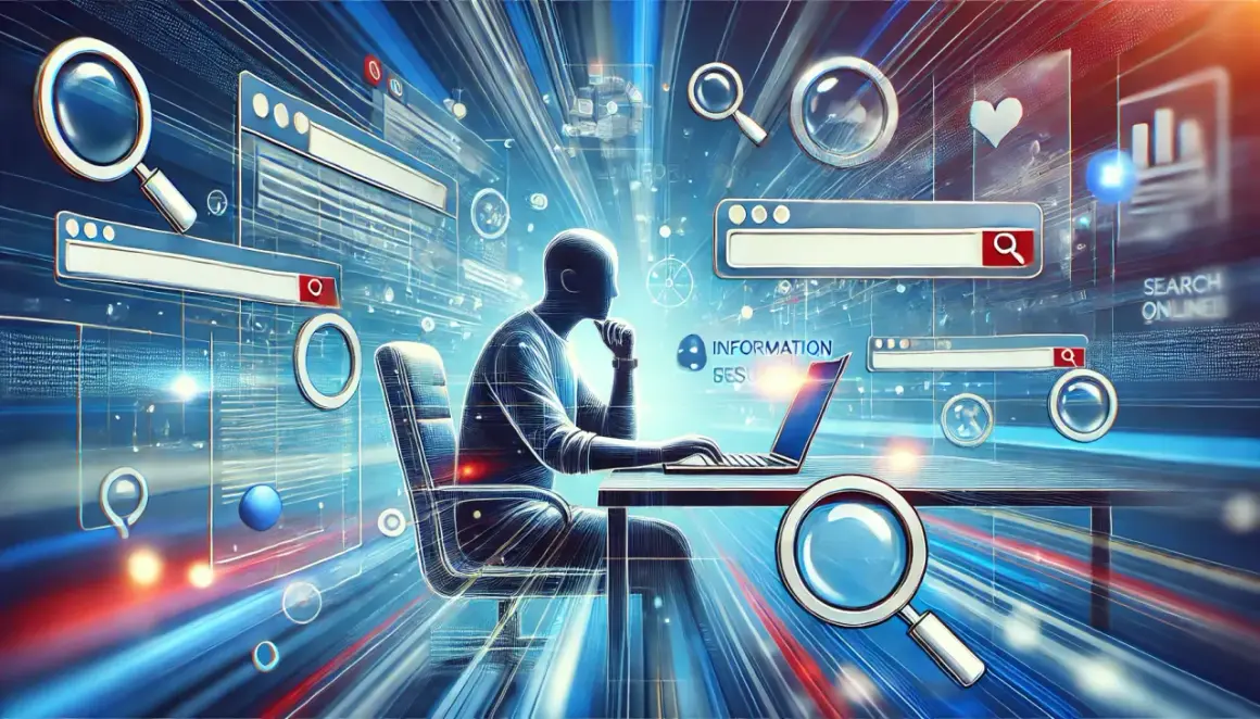 Człowiek siedzi przy laptopie, otoczony ikonami wyszukiwania informacji w internecie.
