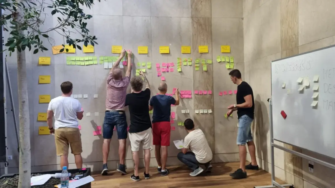 Zespół pracuje nad rozwojem organizacji, przyklejając karteczki z zadaniami na ścianie.