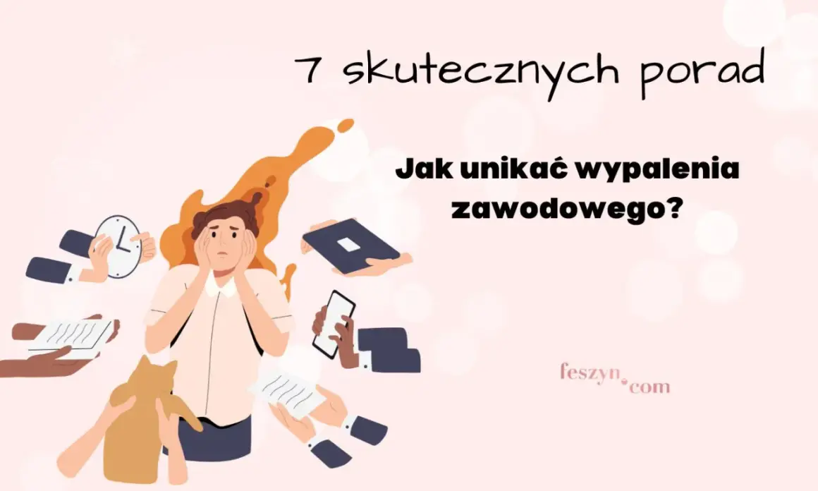 Praca z ludźmi bywa wyczerpująca. Ilustracja pokazuje zestresowaną osobę otoczoną przez ręce podające zegar, dokumenty, telefon i laptopa.