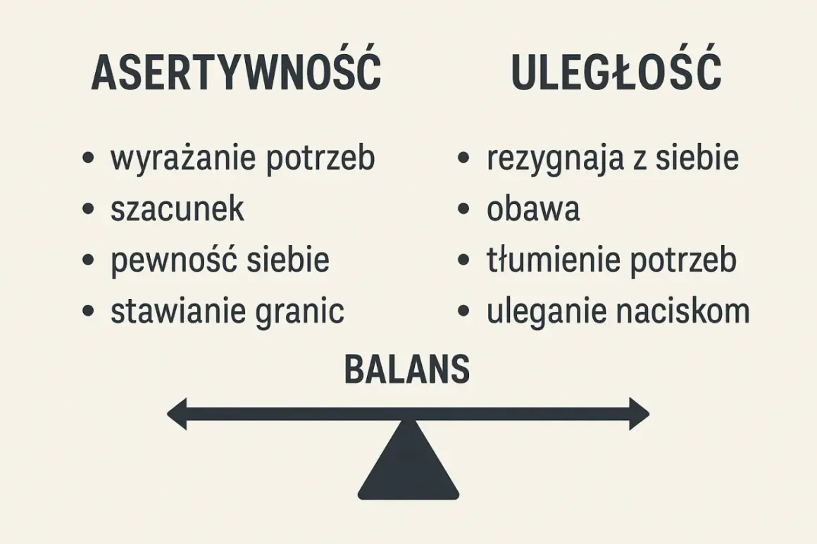 Postawa asertywna to wyrażanie potrzeb, szacunek, pewność siebie i stawianie granic. Uległość to rezygnacja z siebie, obawa, tłumienie potrzeb i uleganie naciskom.