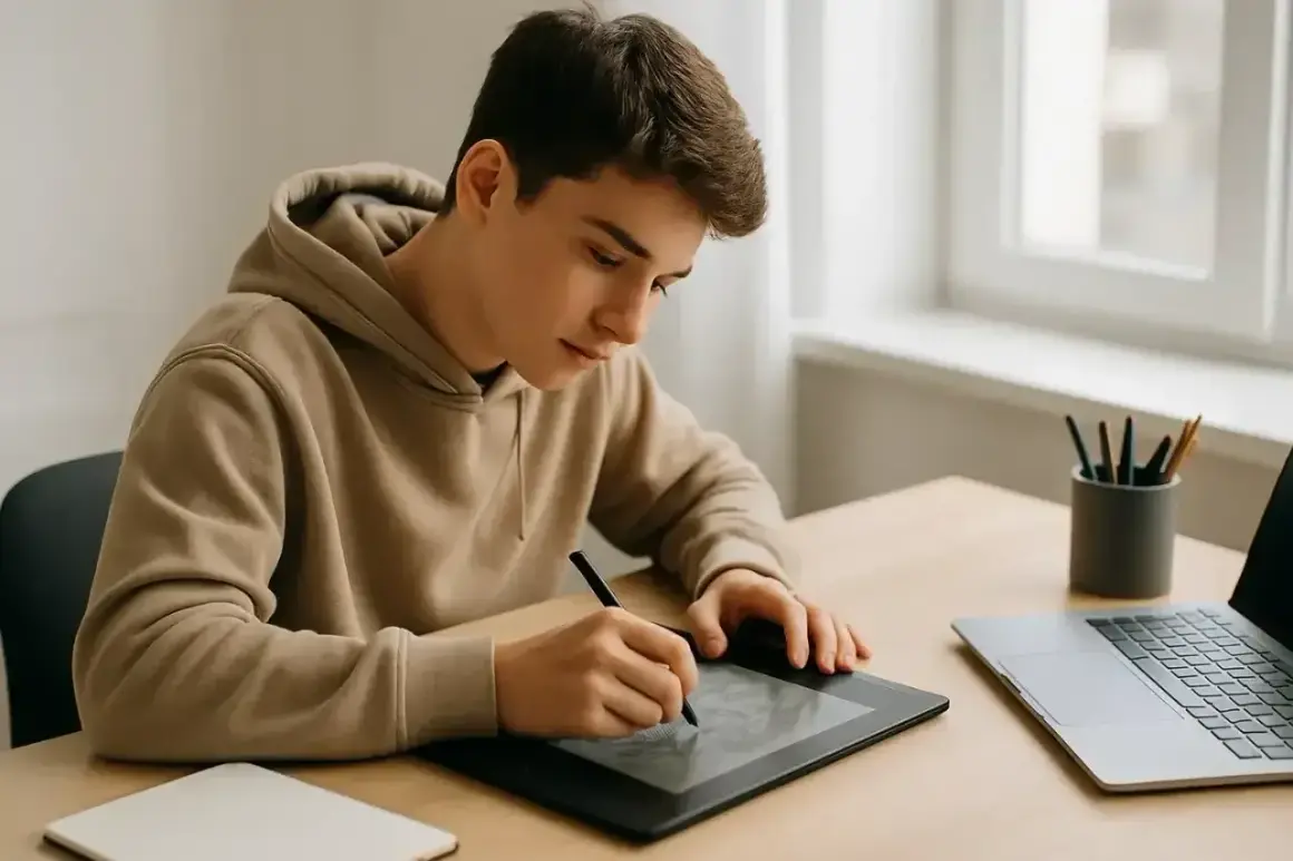 Młody mężczyzna w bluzie pracuje przy tablecie graficznym, realizując swoje projekty w internecie. Obok laptop i przybory do pisania.