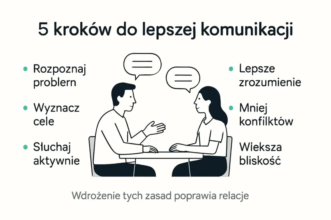 5 kroków do lepszej komunikacji: rozpoznaj problem, wyznacz cele, słuchaj aktywnie, lepsze zrozumienie, mniej konfliktów, większa bliskość. To jak pecha kucha dla relacji.