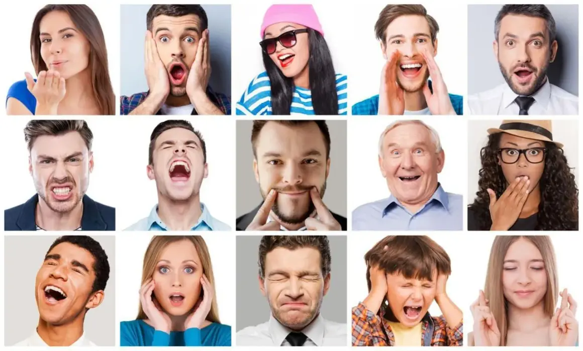 Różne rodzaje uśmiechu i emocji na twarzach ludzi: od zdziwienia, przez radość, po złość i strach.