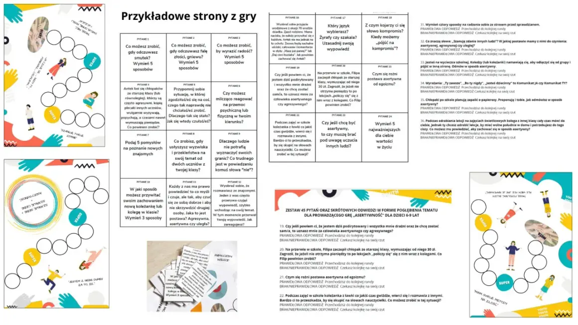 Plansza z pytaniami do gry "Przykładowe strony z gry", która pomaga w treningu asertywności ćwiczenia.