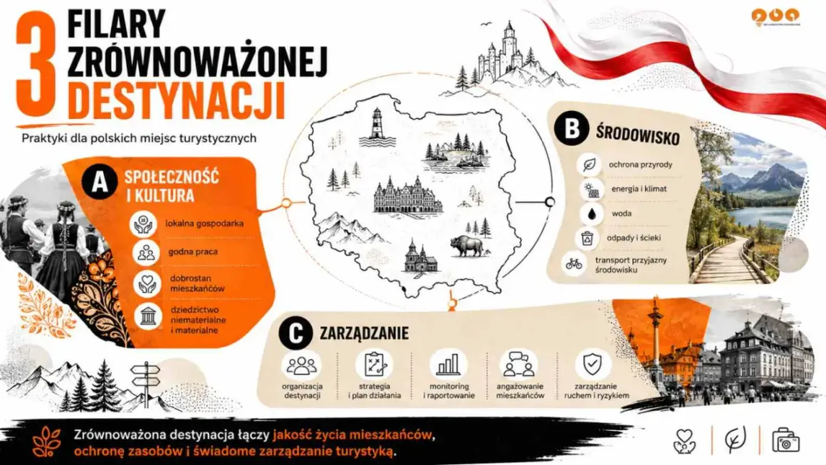Trzy filary zrównoważonej destynacji: społeczeństwo i kultura (dobrostan mieszkańców), środowisko i zarządzanie.