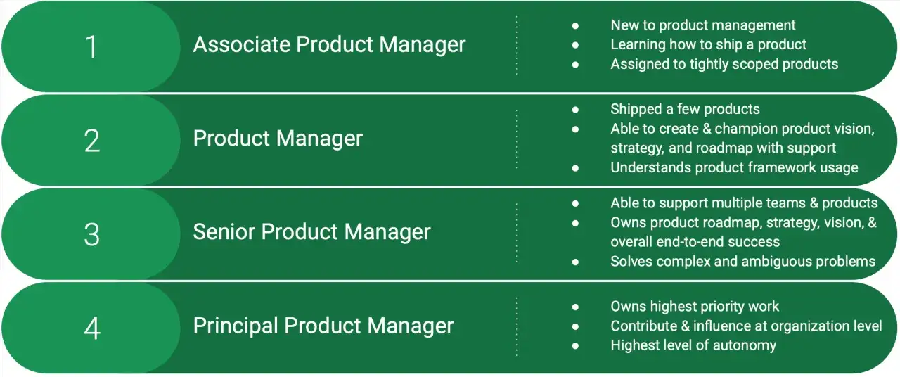 Ścieżka kariery: od Associate Product Manager do Principal Product Manager, pokazująca rozw&oacute;j umiejętności i odpowiedzialności.
