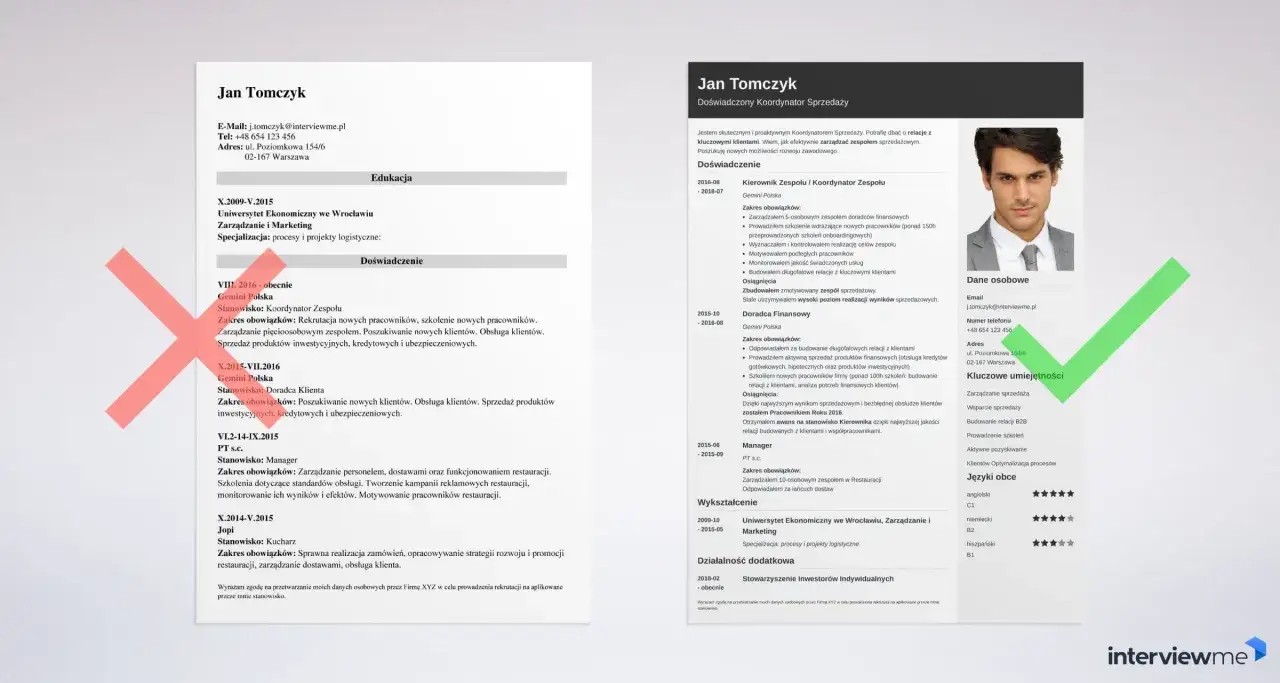 CV Jana Tomczyka, kt&oacute;ry pokazuje częstą zmianę pracy, z doświadczeniem w sprzedaży i zarządzaniu zespołem.