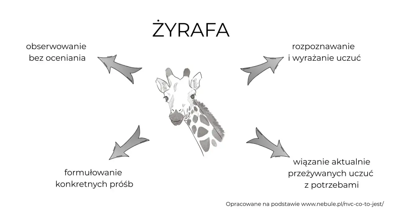 Żyrafa, symbol empatii, otoczona strzałkami: obserwacja bez oceniania, rozpoznawanie uczuć, wiązanie uczuć z potrzebami, formułowanie pr&oacute;śb. Szakal nieobecny.