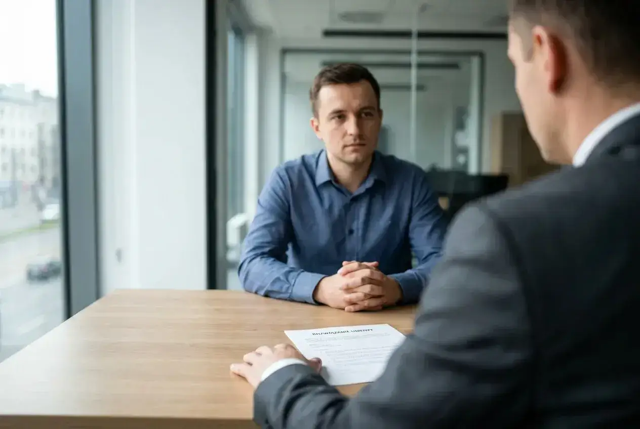 Mężczyzna w niebieskiej koszuli siedzi przy biurku, słuchając uważnie. Przed nim leży dokument, a rozmowa dotyczy tego, jak zwolnić pracownika.