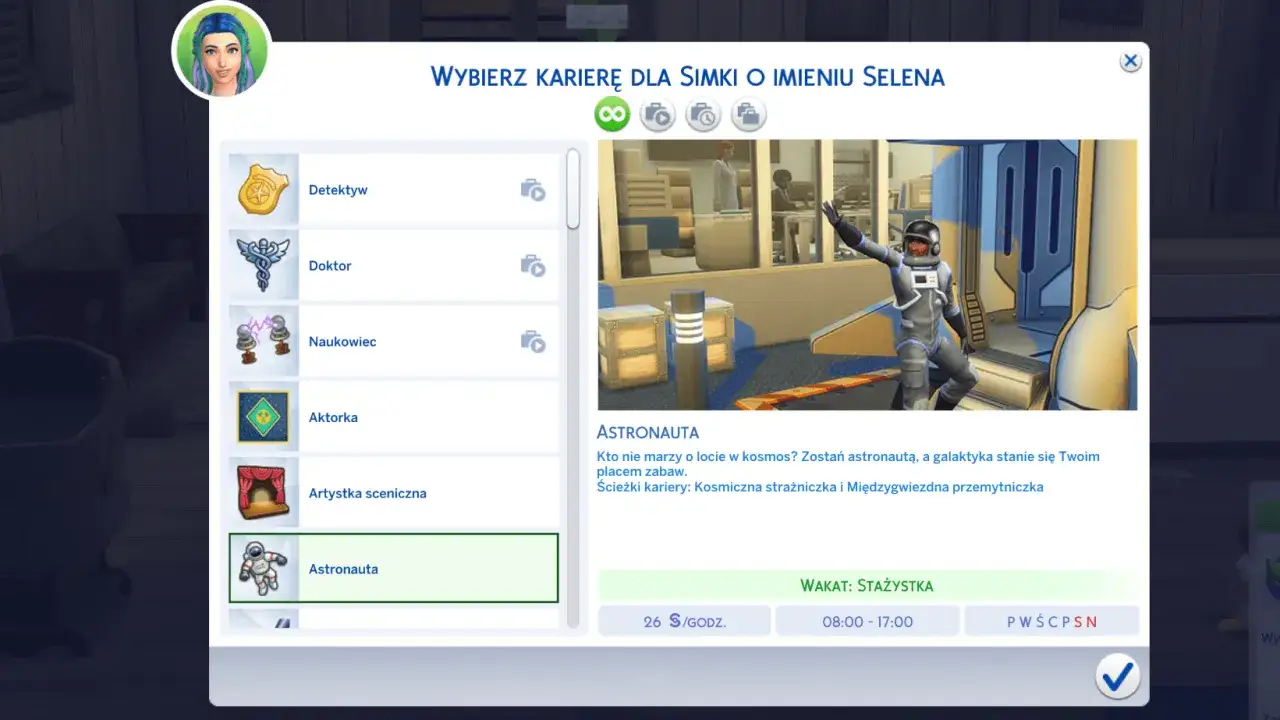 Wyb&oacute;r kariery dla Simki Seleny: astronauta to ciekawe zawody, kt&oacute;re pozwalają odkrywać kosmos.