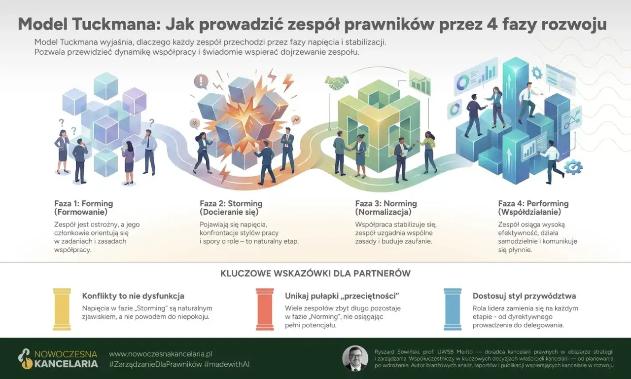 Model Tuckmana przedstawia 4 fazy rozwoju zespołu: Formowanie, Docieranie się, Normalizacja i Wsp&oacute;łdziałanie. Kluczowe wskaz&oacute;wki dla partner&oacute;w dotyczą zarządzania konfliktami i dostosowania stylu przyw&oacute;dztwa.
