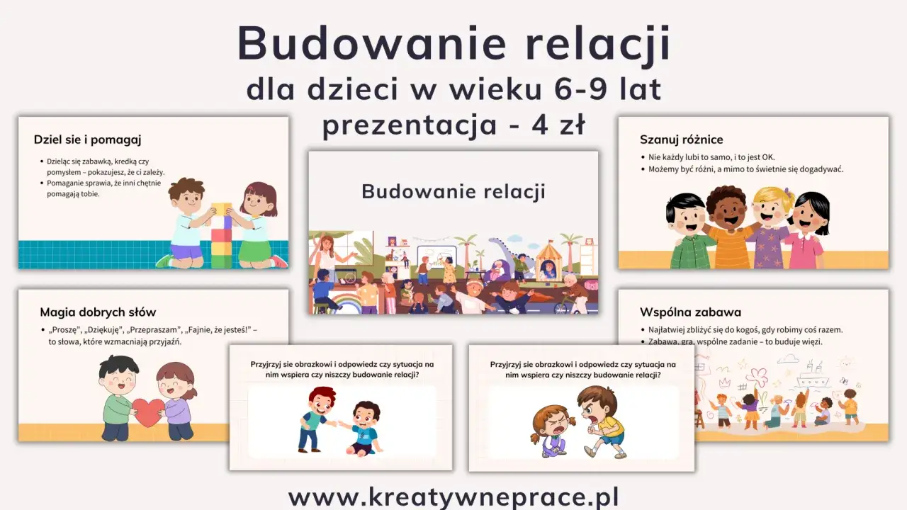 Prezentacja o budowaniu relacji dla dzieci. Uczy zasad savoir vivre, dzielenia się, szacunku dla r&oacute;żnic i wsp&oacute;lnej zabawy.