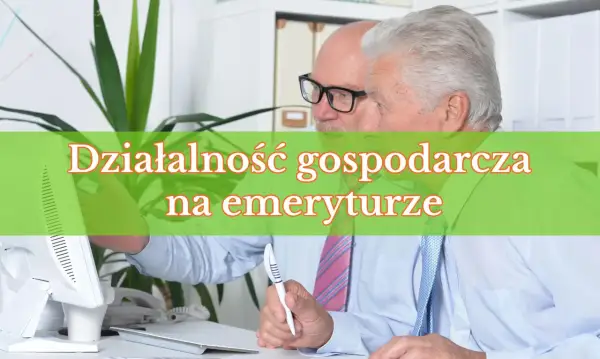 Dwóch starszych panów przy biurku, jeden w okularach, analizuje coś na komputerze. Działalność gospodarcza na emeryturze kwitnie.