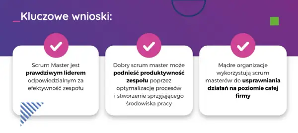 Kluczowe wnioski o zespole scrumowym: lider, produktywność i usprawnianie działań.