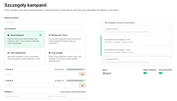 Ustawienia kampanii e-mail: nazwa, temat, treść, nadawca. Dowiedz się, jak się pisze mail, testując różne wersje tematu i treści.
