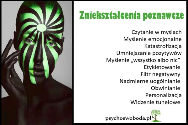 Twarz pomalowana czarno-zielonymi pasami, symbolizująca pułapki umysłu i zniekształcenia poznawcze.