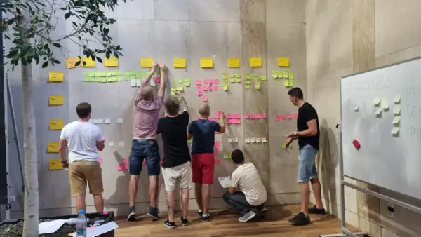 Zespół pracuje nad rozwojem organizacji, przyklejając karteczki z zadaniami na ścianie.